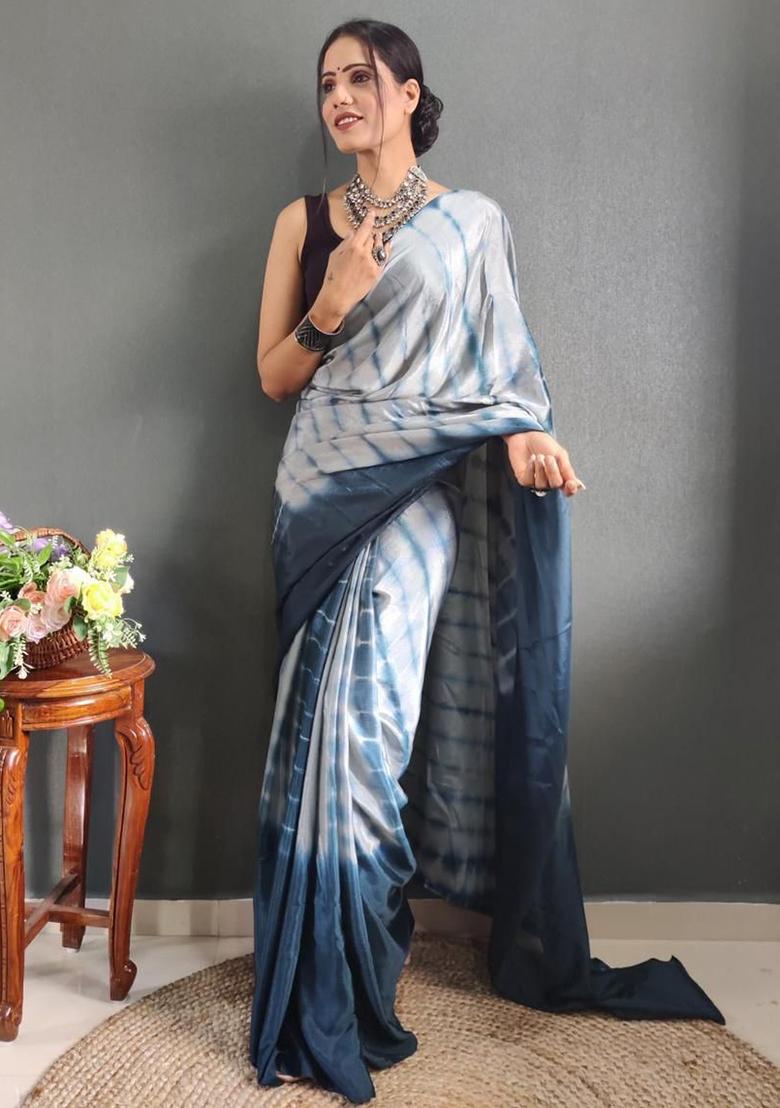Grey Printed Chinon Saree Set