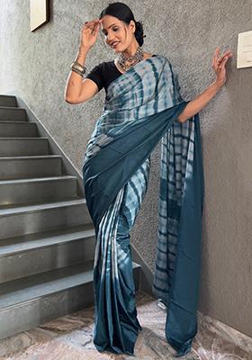 Teal Blue Printed Chinon Saree Set