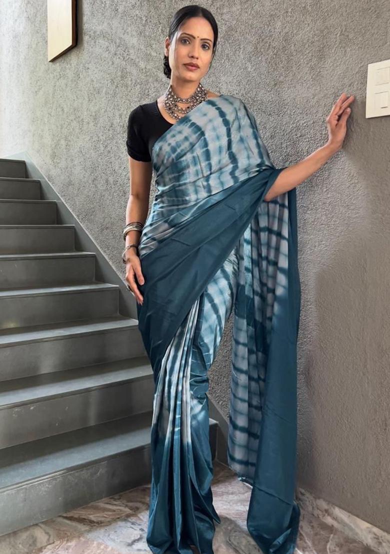 Teal Blue Printed Chinon Saree Set