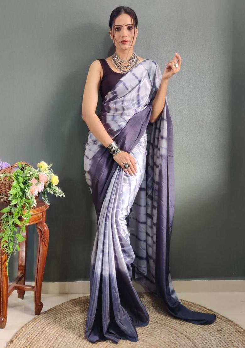 Violet Printed Chinon Saree Set