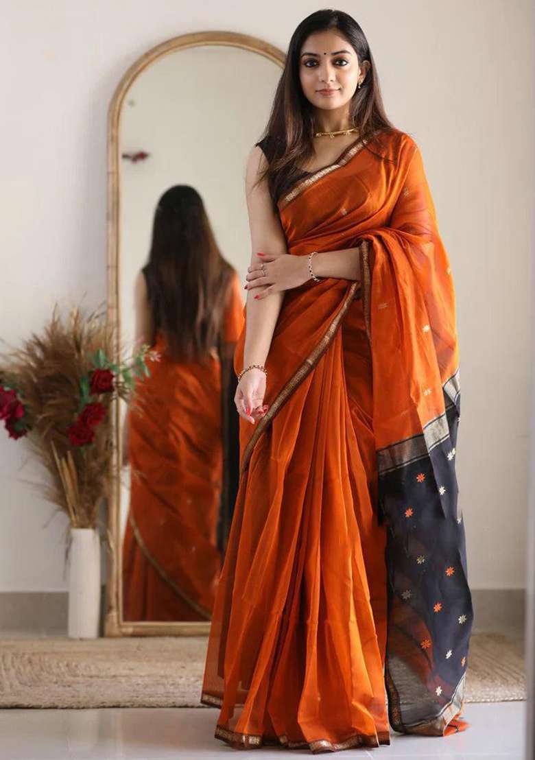 Orange Linen Saree Set with Printed for Diwali | Wedding & Festive Wear - Indya