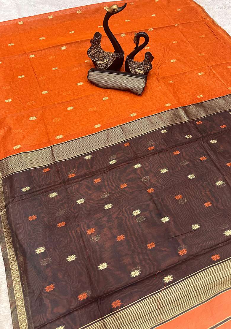 Orange Linen Saree Set with Printed for Diwali | Wedding & Festive Wear - Indya