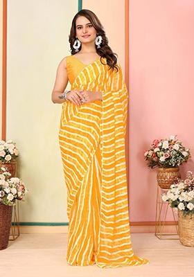 Yellow Printed Georgette Saree Set