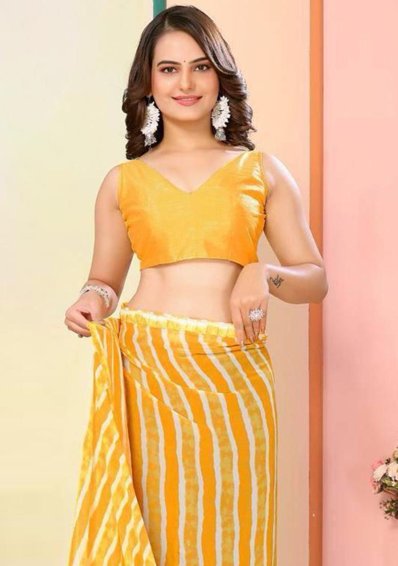 Yellow Printed Georgette Saree Set