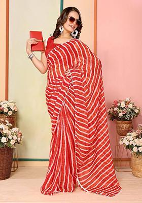 Red Printed Georgette Saree Set