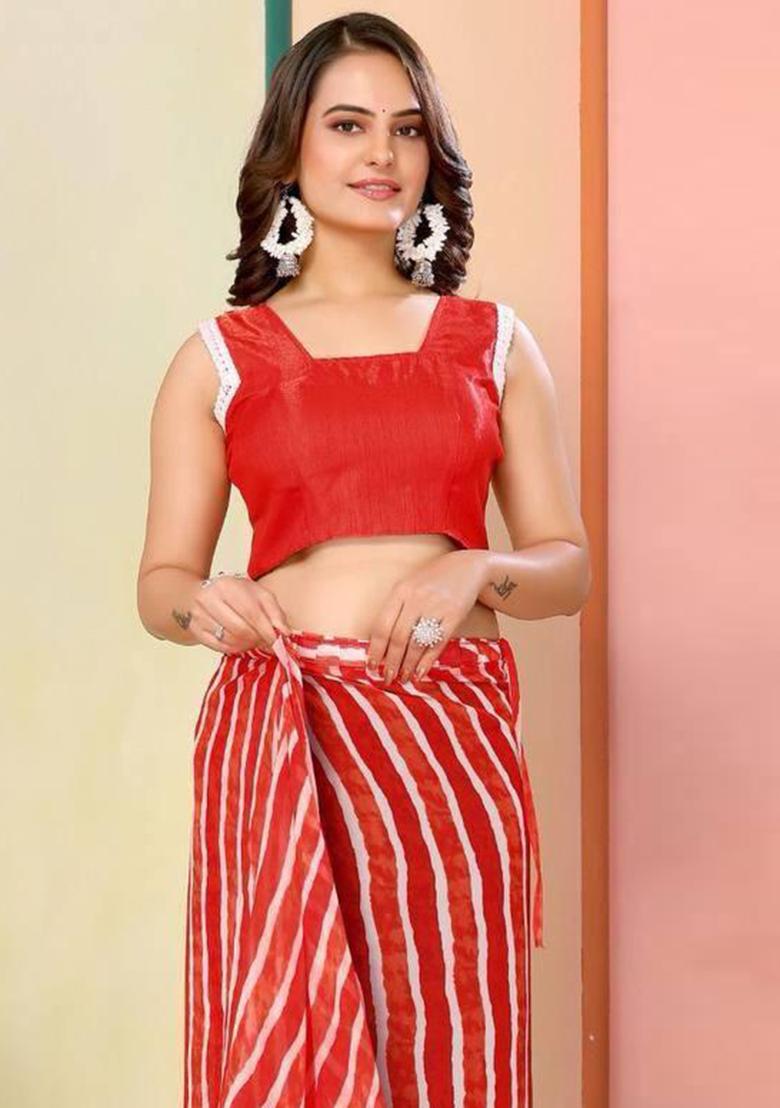 Red Printed Georgette Saree Set