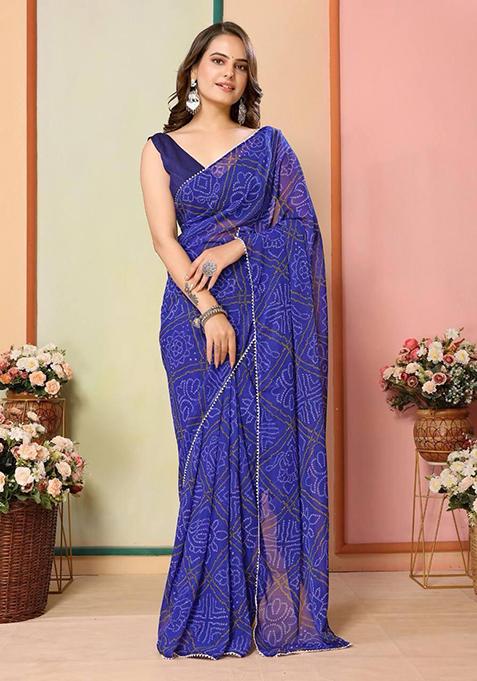 Blue Printed Georgette Saree Set