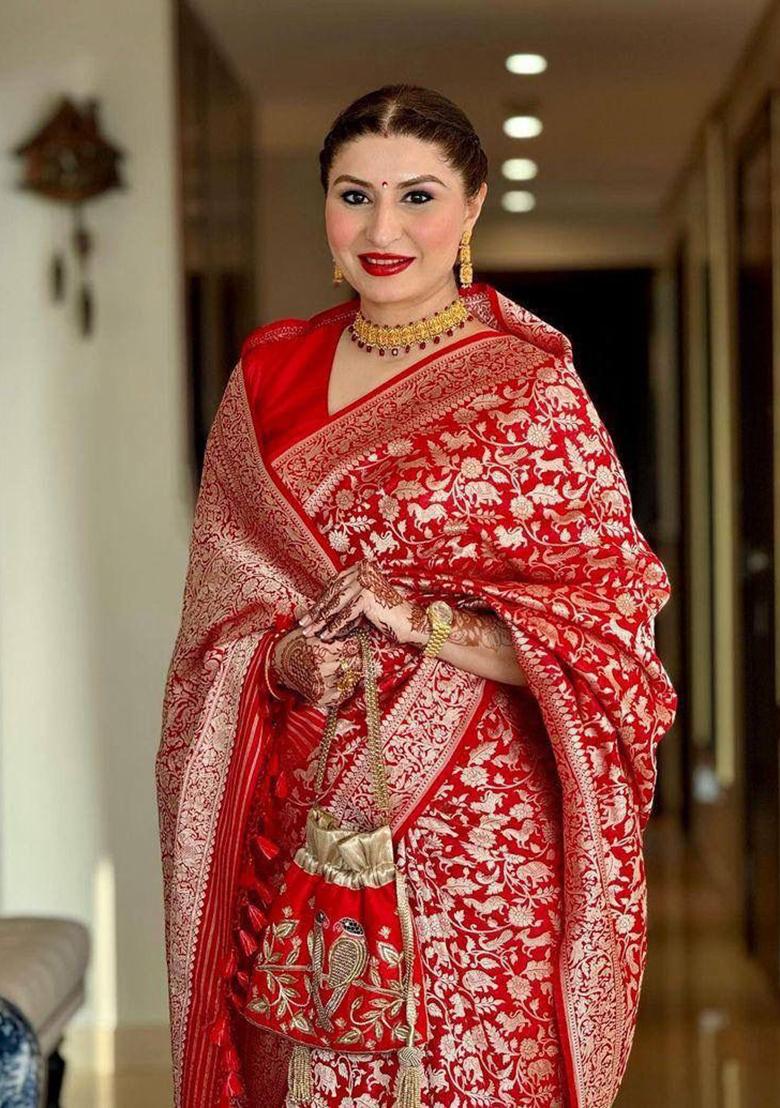 Red Printed Blended Silk Saree Set