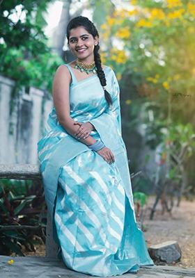 Light Blue Printed Blended Silk Saree Set