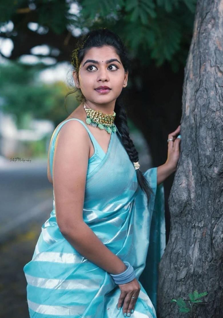  Light Blue Printed Blended Silk Saree Set