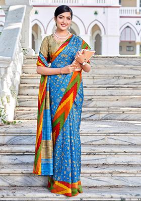 Blue Printed Malbari Silk Saree Set