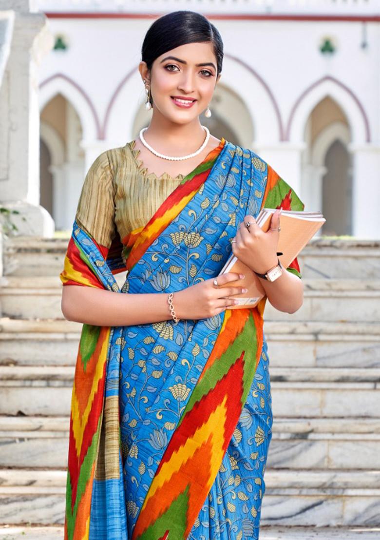 Blue Printed Malbari Silk Saree Set