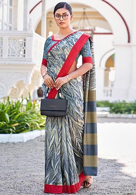 Blue Printed Malbari Silk Saree Set