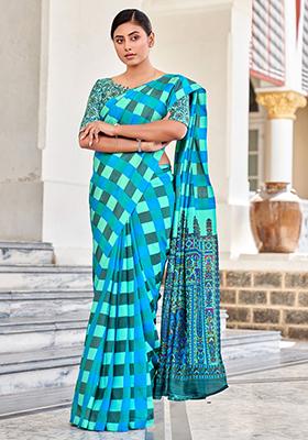 Blue Printed Malbari Silk Saree Set