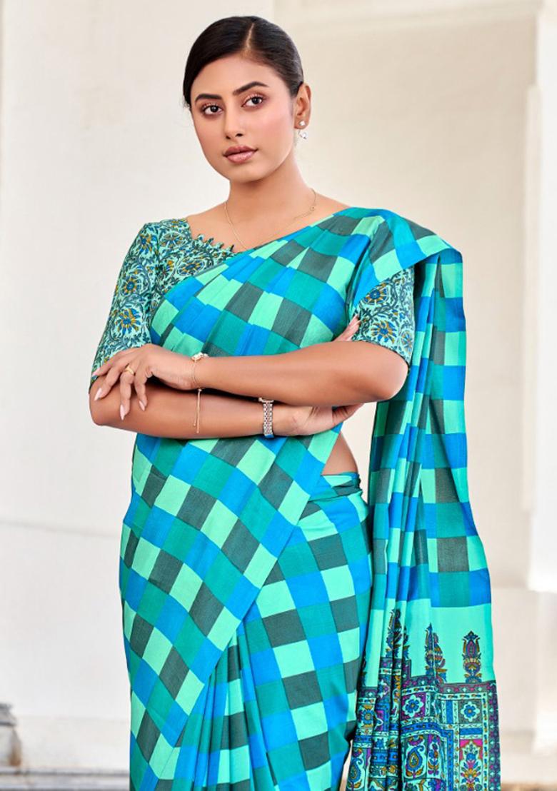 Blue Printed Malbari Silk Saree Set