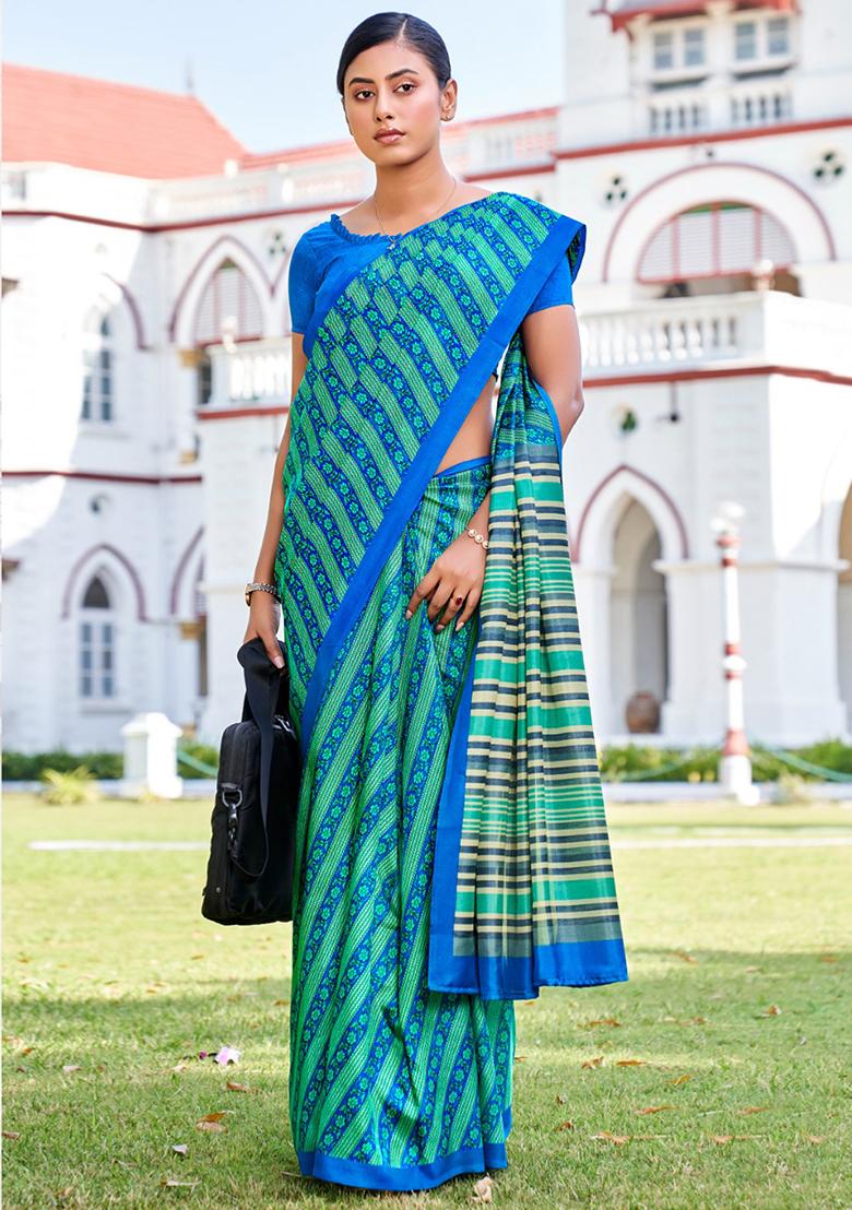 Blue Printed Malbari Silk Saree Set