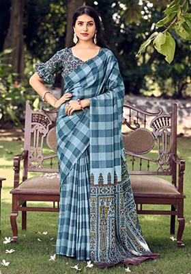 Grey Printed Malbari Silk Saree Set