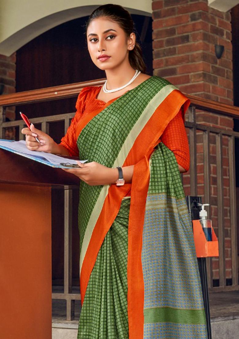 Green Printed Malbari Silk Saree Set