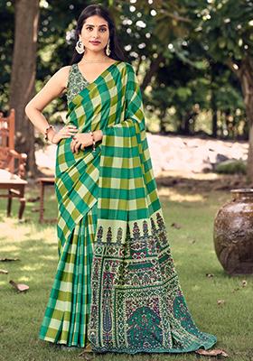 Green Printed Malbari Silk Saree Set
