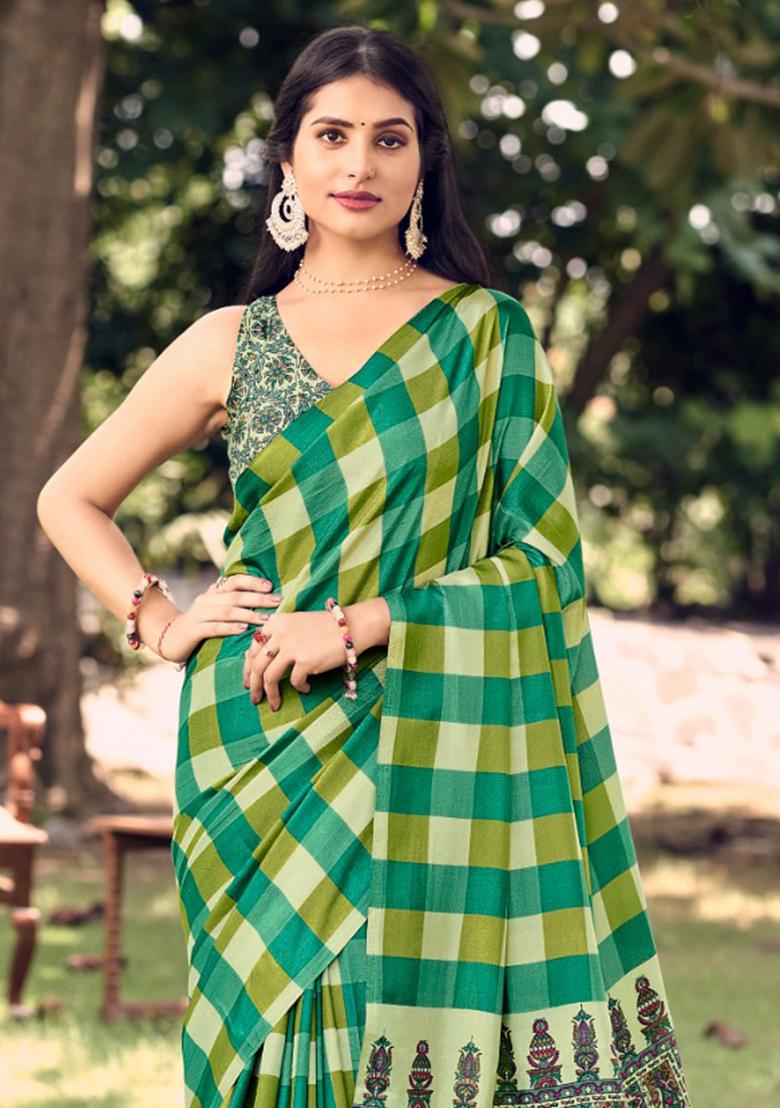 Green Printed Malbari Silk Saree Set