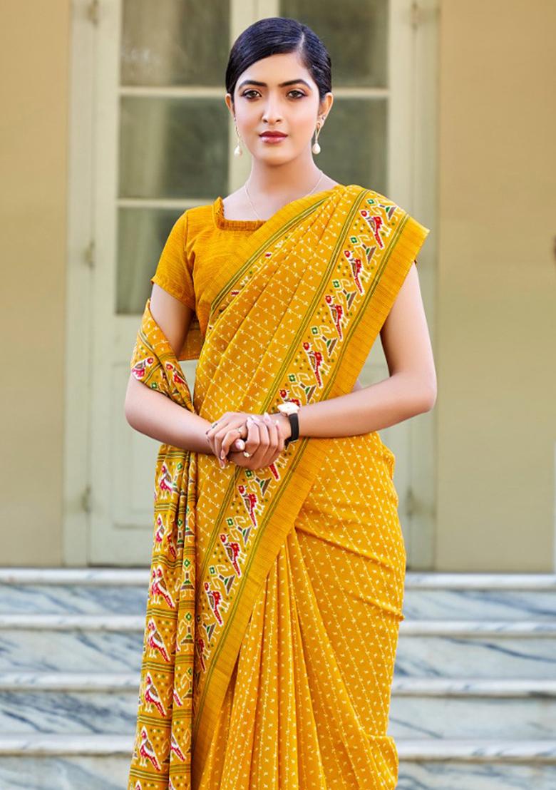 Mustard Yellow Printed Malbari Silk Saree Set