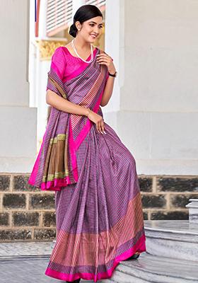 Purple Printed Malbari Silk Saree Set