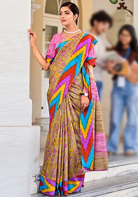 Beige Printed Malbari Silk Saree Set
