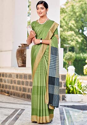 Green Printed Malbari Silk Saree Set
