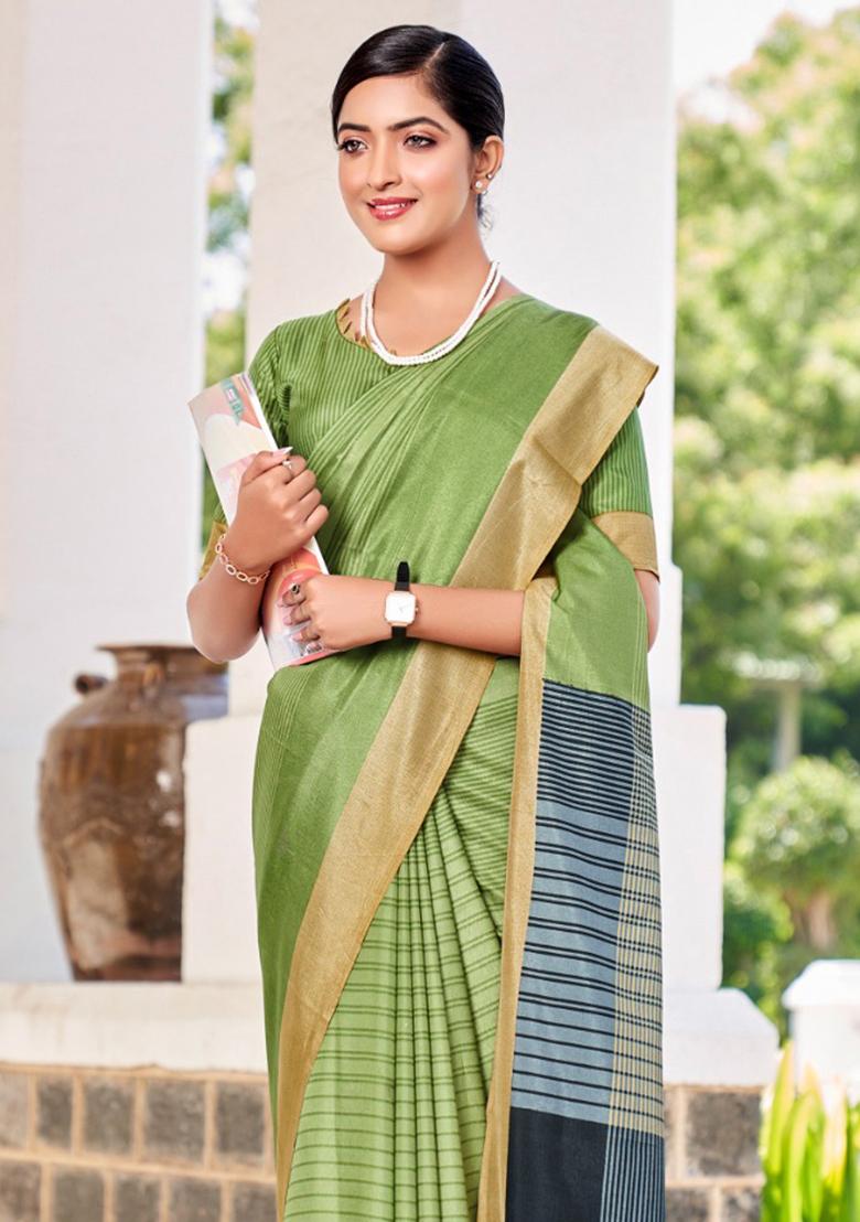 Green Printed Malbari Silk Saree Set