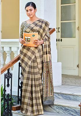 Beige Printed Malbari Silk Saree Set