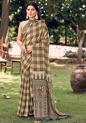 Beige Printed Malbari Silk Saree Set