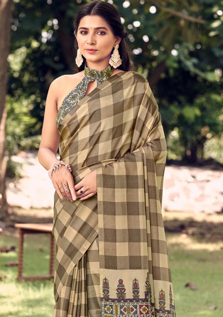 Beige Printed Malbari Silk Saree Set