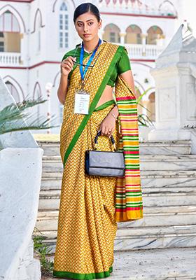 Yellow Printed Malbari Silk Saree Set