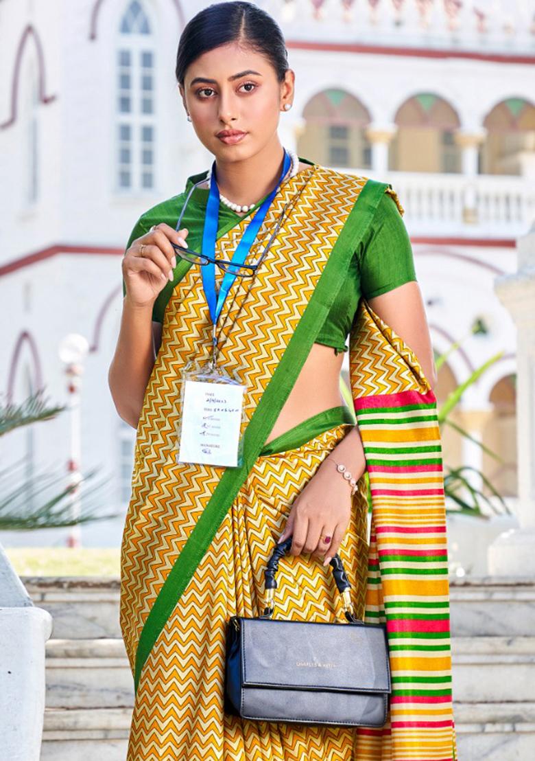 Yellow Printed Malbari Silk Saree Set