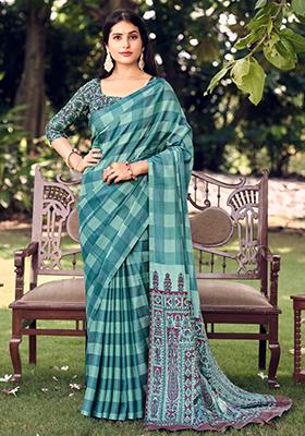 Teal Blue Printed Malbari Silk Saree Set