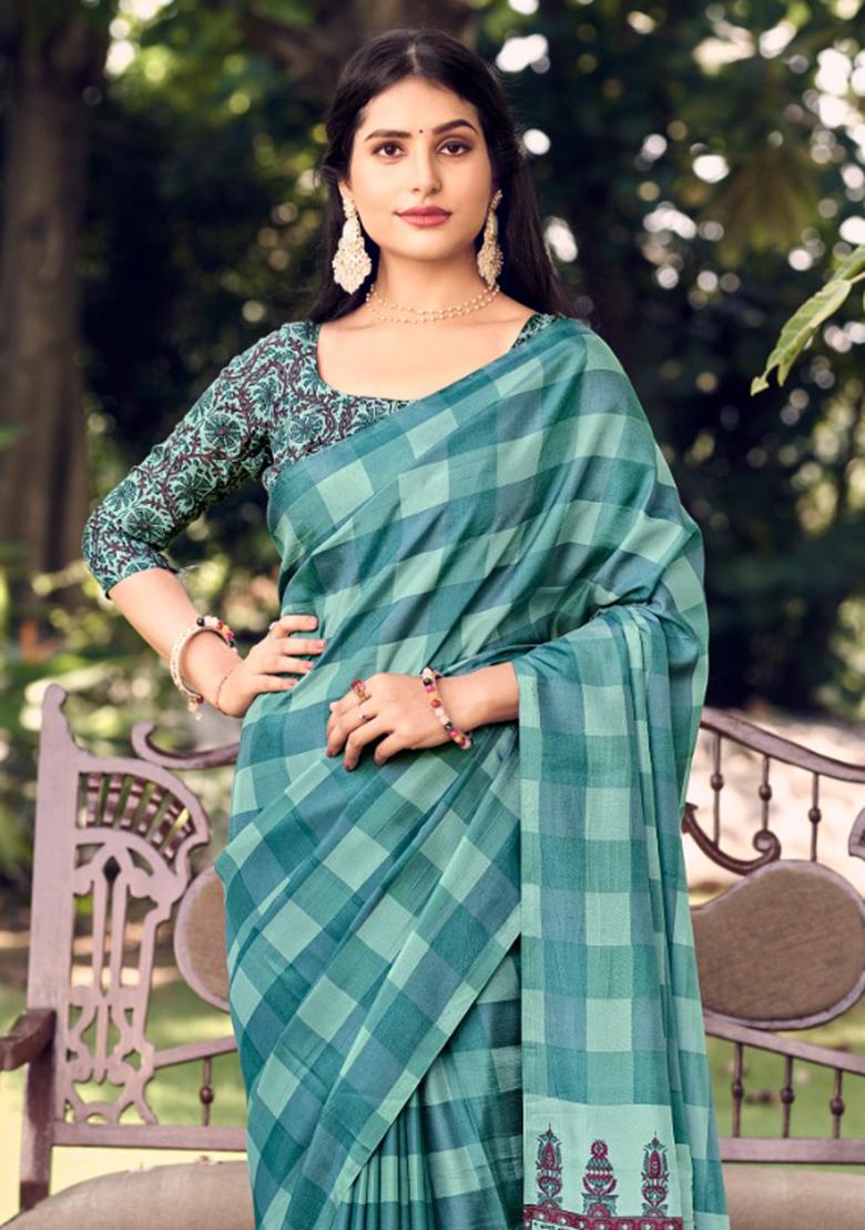 Teal Blue Printed Malbari Silk Saree Set
