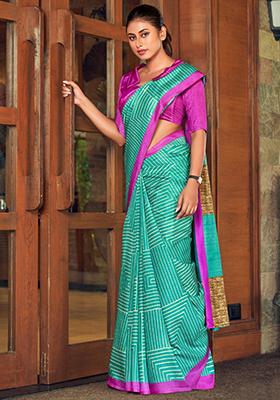 Blue Printed Malbari Silk Saree Set