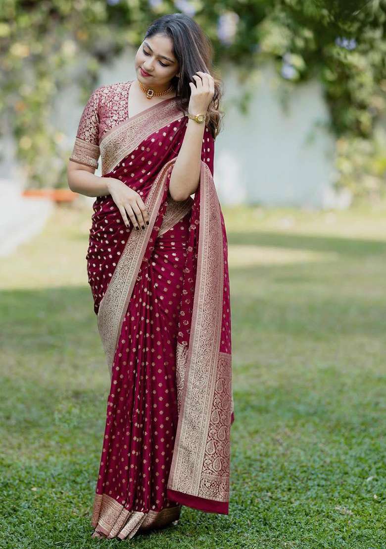 Maroon Printed Blended Silk Blend Saree Set for Diwali and Festive Wear - Indya