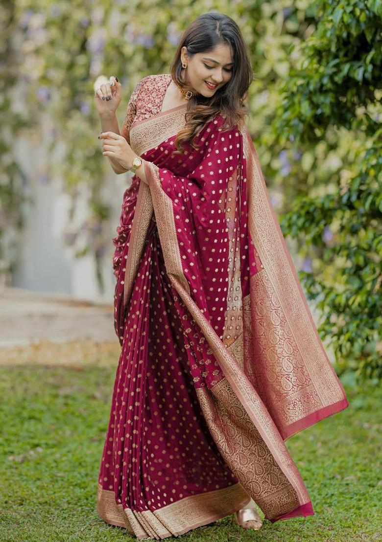 Maroon Printed Blended Silk Saree Set