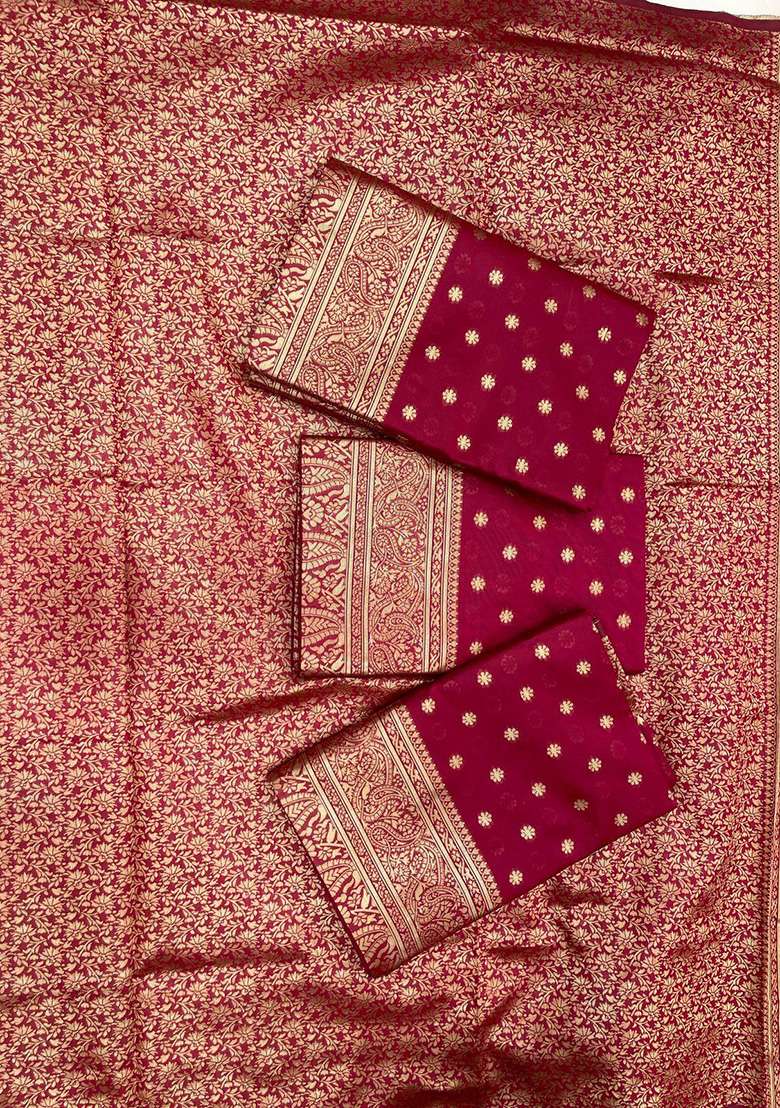 Maroon Printed Blended Silk Blend Saree Set for Diwali and Festive Wear - Indya