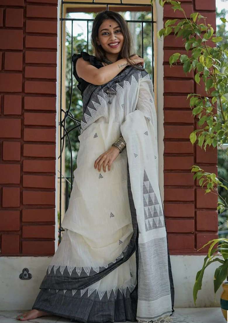White Linen Saree Set with Printed for Diwali | Wedding & Festive Wear - Indya