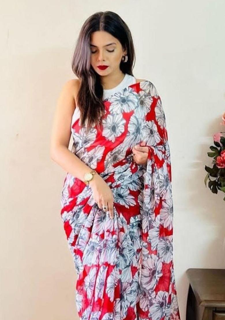 Red Printed Georgette Saree Set