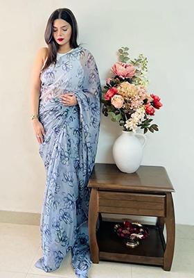 Blue Printed Georgette Saree Set