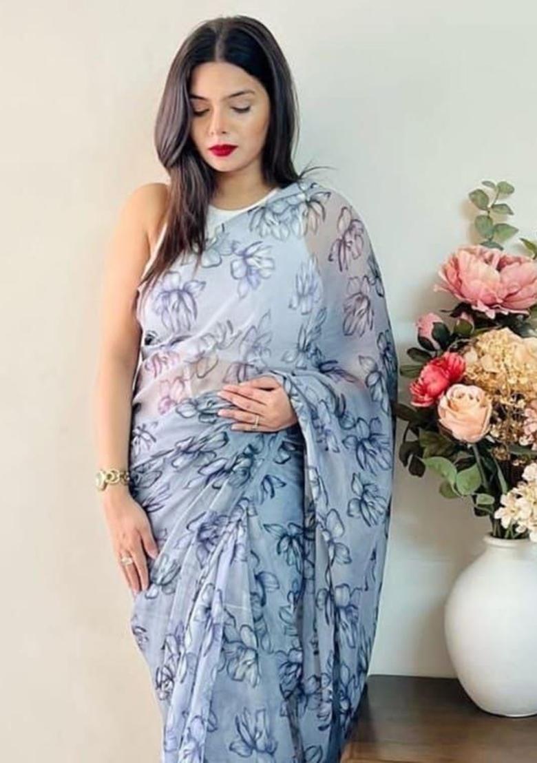 Blue Printed Georgette Saree Set