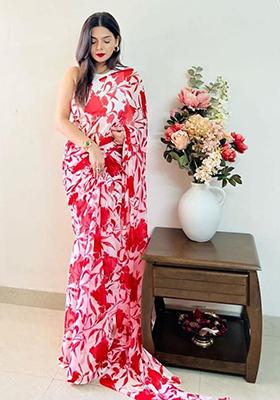 Red Printed Georgette Saree Set