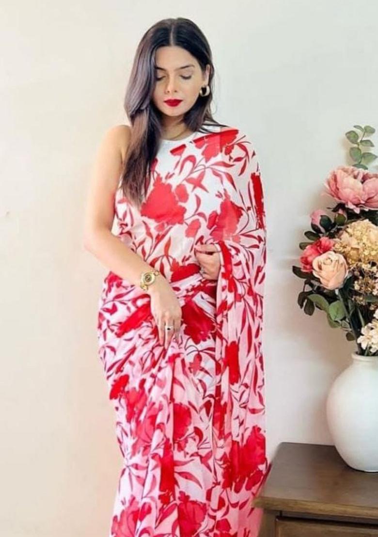 Red Printed Georgette Saree Set