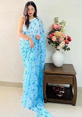 Blue Printed Georgette Saree Set