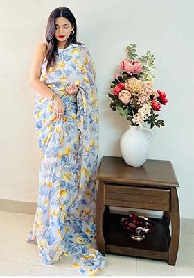 Off White Printed Georgette Saree Set