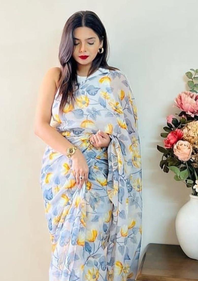 Off White Printed Georgette Saree Set