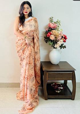 Orange Printed Georgette Saree Set